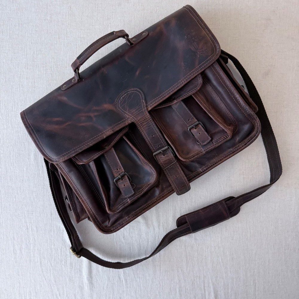 Cuero Leather Messenger Bag Dark Brown Distressed Satchel Laptop Briefcase